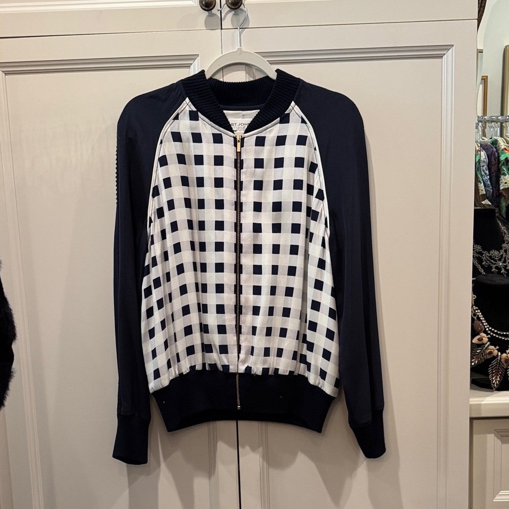 St. John Navy and White Checkered Bomber Jacket
